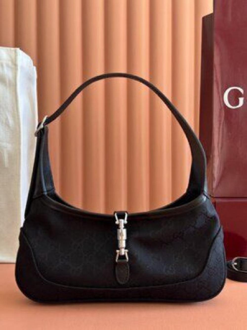 GUCCI Jackie Slim Medium Shoulder Bag Black Canvas with Diamond‑Quilted Pattern